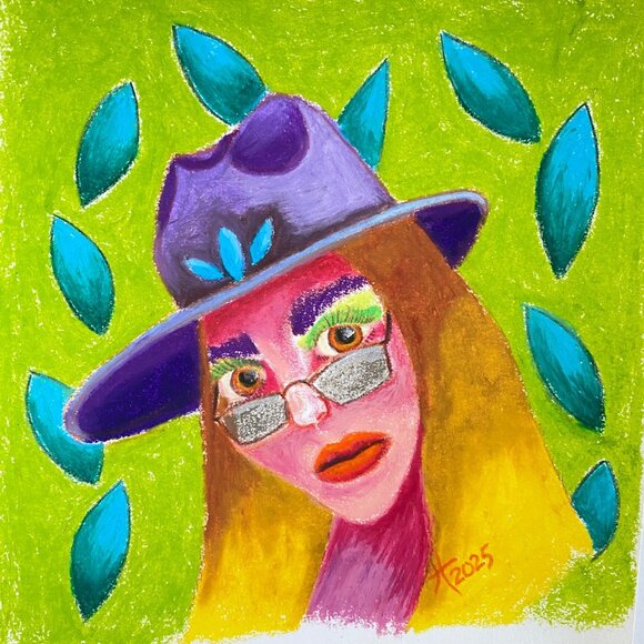 Girl in a Purple Hat Original Oil Pastel Drawing Painting Colorful Portrait